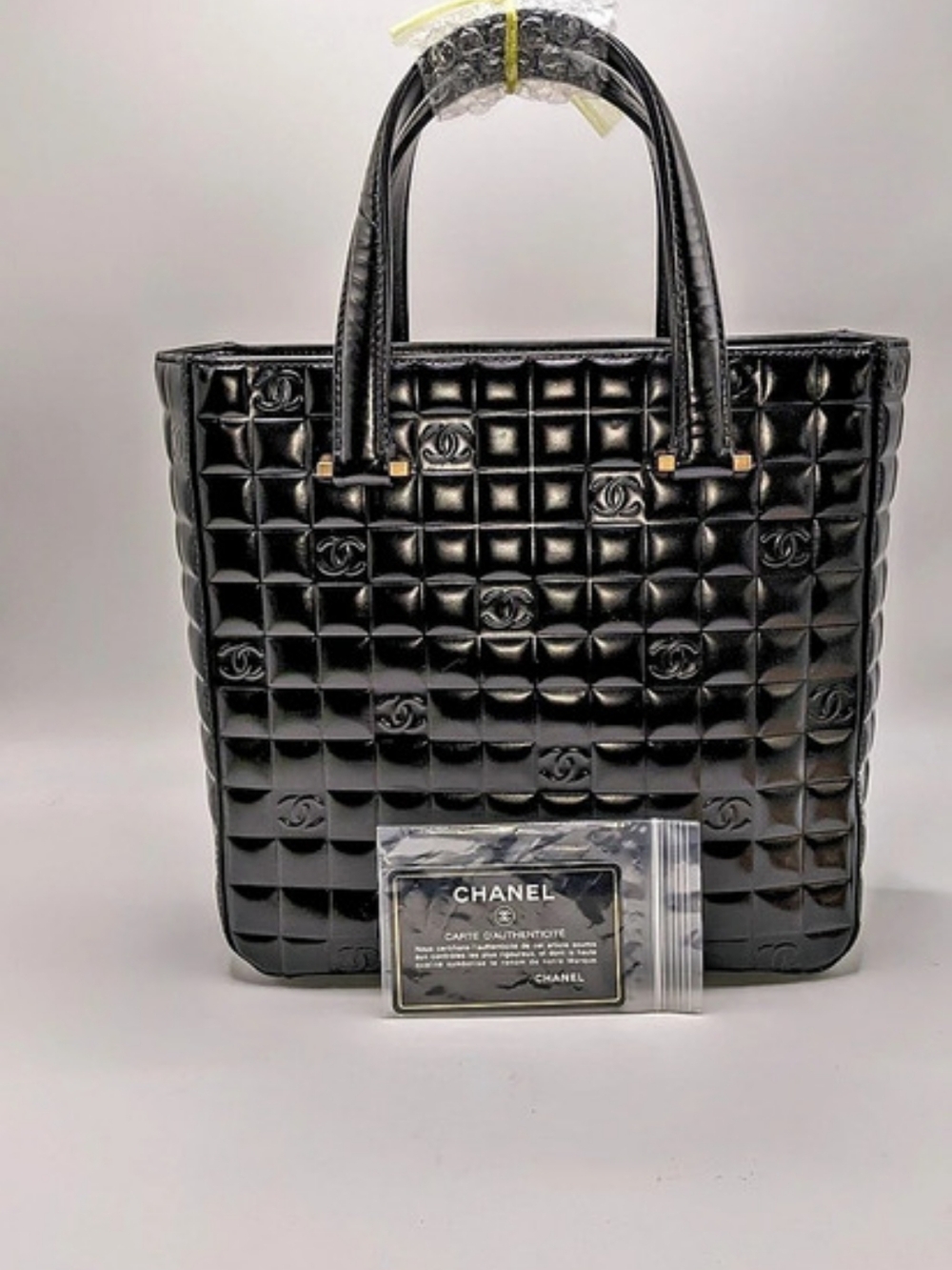 CHANEL Vintage Black Patent Chocolate Bar CC Tote • With Card